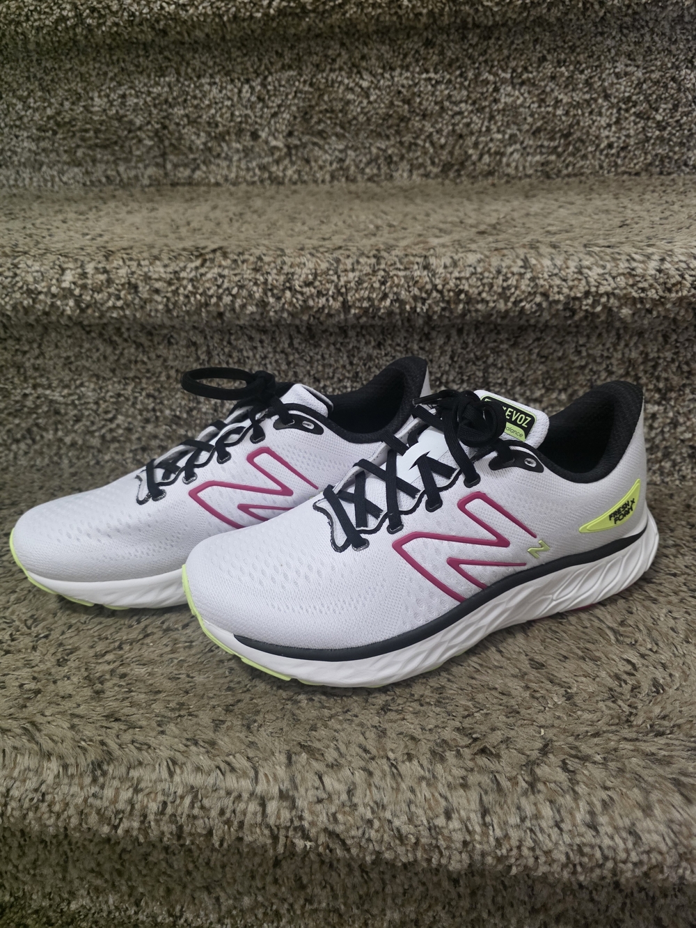 New Balance Women’s White Athletic Shoes with Pink and Neon Yellow Accents